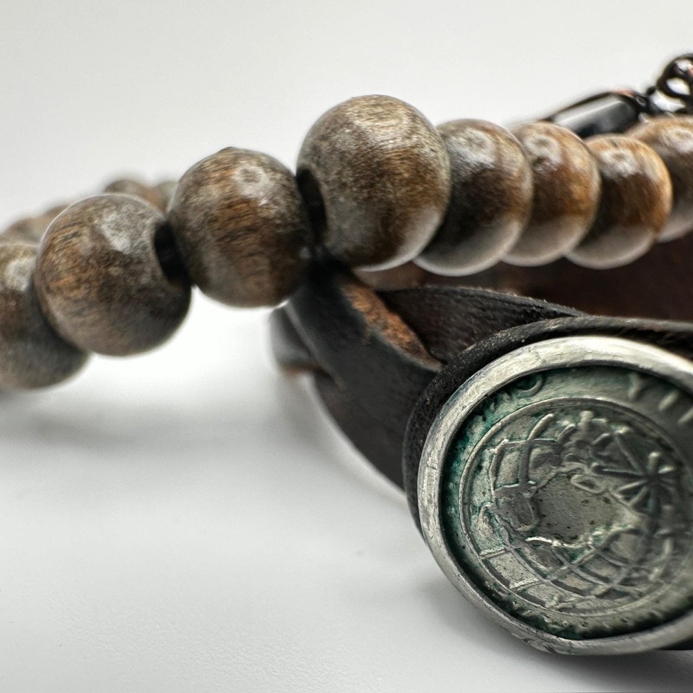 Vintage 80s Boho Layer Leather & Wood Bead Bracelets Wire-Wrapped Charms Jewelry - Picture 10 of 13